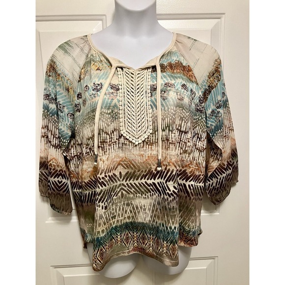Chico's Tops - Chico's Women's Sz 2 Large Shirt Art to Wear Boho Brown‎ Tan Peasant Top Blouse